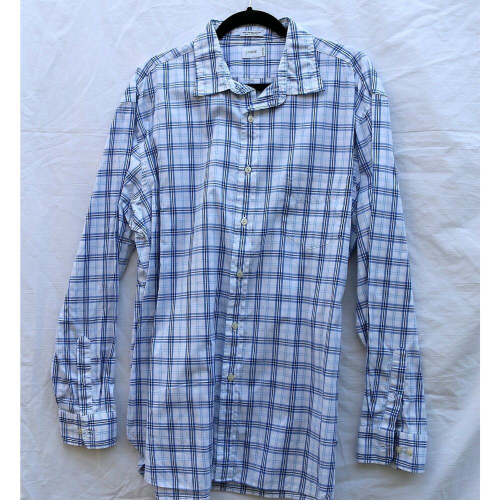 J.Crew‎ Men's Sz XL(17-17 1/2) Blue & White Plaid LS BF 100% Cotton Shirt EUC